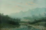 John Stirling Moore, Mountain Range, Cattle Crossing a Stream, Tasmania, 1903, Oil on Canvas