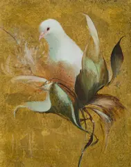 Peter Abraham, Dove in Foliage, Gold Leaf & Oil on Board