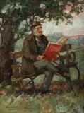 John Samuel Watkins, Man Reading on Bench, Oil on Board
