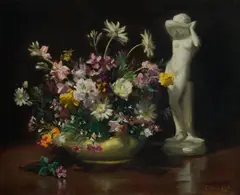 Charles Sallis Lloyd, Still Life with Statuette & Bowl of Mixed Blooms, Oil on Canvas Board