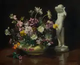 Charles Sallis Lloyd, Still Life with Statuette & Bowl of Mixed Blooms, Oil on Canvas Board