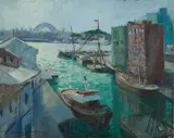 J Richard Ashton, Moored Boats, Sydney Harbour, 1989, Oil on Canvas on Board