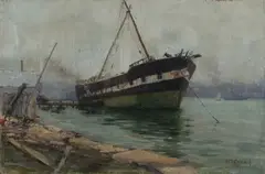 Aline M Cusack, Ship Moored in Harbour, Sydney, 1896, Oil on Canvas