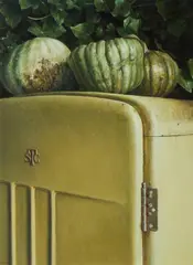 Graham Lupp, STC Fridge and Pumpkins, 1982, Oil on Board