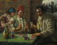 John Samuel Watkins, The Card Players, Oil on Canvas on Board