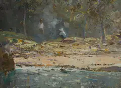Campfire by a Stream by W Rubery Bennett, Oil on Canvas Board, sold Aug 2020