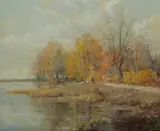 Josef Procházka, Autumn River Scene with Figure & Two Dogs, Oil on Canvas on Board