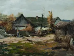 Bedřich Blažek, Cottage Farm with Mother & Daughter Feeding Chickens, Oil on Board