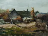 Bedřich Blažek, Cottage Farm with Mother & Daughter Feeding Chickens, Oil on Board