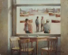 Mesa de un Bar by Jose Aristimuno, 1989, Acrylic on Canvas on Board, sold Aug 2020