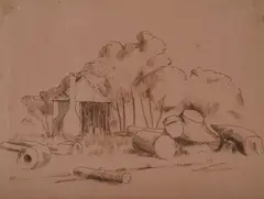 Roland Wakelin, Bush Hut & Logs,' c, 1950, Pencil on Coloured Paper