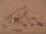 Roland Wakelin, Bush Hut & Logs,' c, 1950, Pencil on Coloured Paper