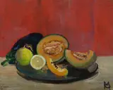 Margaret Coen, Still Life with Rock Melon on a Pewter Plate,' c, 1960s, Oil on Canvas on Board