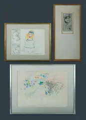 Murray Walker, (3), 'The Green House,' 18 Nov 1963, w/clr (34x49cm); Distorted Zoom Lens, 1975, mixed media on paper (24x33cm); & Female Nude in Hat, 1965, etching 1/3 (17x9cm). The latter two with Ray Hughes Private Collection label verso