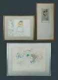 Murray Walker, (3), 'The Green House,' 18 Nov 1963, w/clr (34x49cm); Distorted Zoom Lens, 1975, mixed media on paper (24x33cm); & Female Nude in Hat, 1965, etching 1/3 (17x9cm). The latter two with Ray Hughes Private Collection label verso