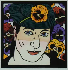 Kit Hiller, Self-portrait with Pansies, 1995, Linocut (Hand-coloured) A/P