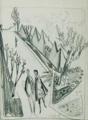 Michael Kmit, Street Scene, 1975, Pencil