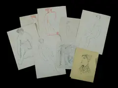 Michael Kmit, (9) Various Pencil Drawings. Incl. Women in an Interior, signed & dated '55. Also, other unsigned figure studies. Pencil (9) 38x27.5cm (7), 26x20cm, & 56x43.5cm