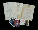 Michael Kmit, (3), Ballerina, charcoal (48x33cm); Seated Ballerina, pen & crayon (42.5x32cm); Male Figure, 1954, ink on paper (35x25cm), all signed. Also, small sketch pad (unsigned); & collection various promotional cards