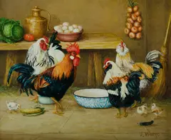 Chooks in a Farm Kitchen by Valentina Wargo, Oil on Board, sold May 2020