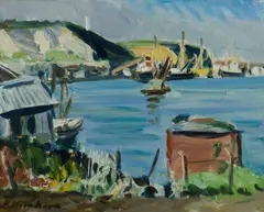 Kenzō Narahara, Ships on the Harbour, Oil on Canvas