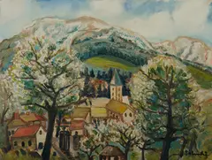 Rezső Bálint, Mountain Village, Oil on Canvas on Board