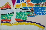 Tropical Beach with Yacht by Malcolm de Chazal, Gouache, sold May 2020