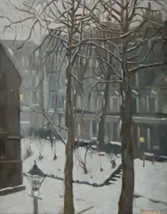 Herbert Badham, Snow in Courtfield Gardens, 1955, Oil on Canvas on Board
