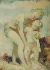 Mother Drying Child at the Beach by Arthur Murch, Oil on Board, sold Mar 2020