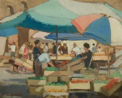 Market Place, Siena by Henry Hanke, Oil on Canvas on Board, sold Mar 2020