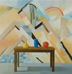 Alan Oldfield, Three Objects and a Cubist Landscape, 1981, Acrylic & Oil on Canvas