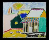 Malcolm de Chazal, Two Seaside Buildings with Yacht in the Distance, Gouache