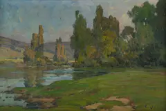 Clovis Frédérick Terraire, River Scene, Canvas label on verso, & stamp to stretcher