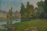 Clovis Frédérick Terraire, River Scene, Canvas label on verso, & stamp to stretcher