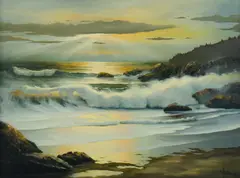 William R Hoffman, Breaking Waves at Dusk, Oil on Canvas