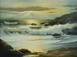 William R Hoffman, Breaking Waves at Dusk, Oil on Canvas
