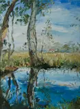 Celia Perceval, Reflected Trees, Bush Property, Oil on Board