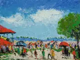Race Day by Pro Hart, 1989, Oil on Board, sold Mar 2020