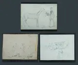 Pro Hart, (2) 'Happy Birthday Horse,' (21x30cm); & '... the Planes are a Bit Small,' (21x28cm). Pencil & Ink (2). Also, 'Rhiannon - Why Can't You Just Play Darts Like Everybody Else,' 1981, signed indistinctly lower right (artist not identified) (21x28cm)