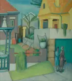 Harold Greenhill, Neighbours 1946, Oyama St, Manly, Oil on Board