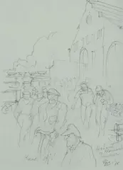 Robert Emerson Curtis, Knock Off, Hobart [Railway] Workers, Tasmania, 1935, Pencil