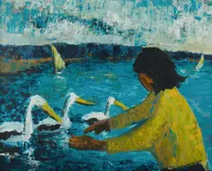 Joy Roggenkamp, Child with Pelicans, Oil on Board
