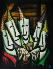 Pro Hart, Broken Hill Miners Card Game, 1996, Oil on Canvas on Board