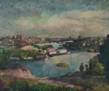 T John Santry, Boatsheds, Berry Bay, Sydney, 1956, Oil on Canvas on Board