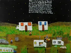 Ian Abdulla, Here I am in my cabin at Marree, 2005, Acrylic on Canvas