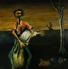 Pro Hart, Swagman with Sheep, 1963, Oil on Board