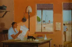 Lightning Ridge Interior by Ric Elliot, Oil on Board, sold Nov 2019