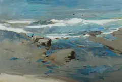 Father & Son Fishing Off the Rocks by Alan Douglas Baker, Oil on Board, sold Nov 2019