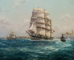 John Charles Allcot, American Clipper Ship 'Wavertree' Leaving Sydney Harbour with Pilot Boat, Oil on Canvas Board