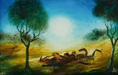 Landscape with Rubbish by Pro Hart, 1969, Oil on Board, sold Nov 2019